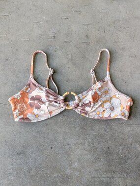 Stone Fox Swim Brown Floral Bikini Top Swimsuit small